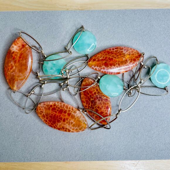 Vintage Large Link Orange and Light Blue Stones Station Necklace - Picture 2 of 2